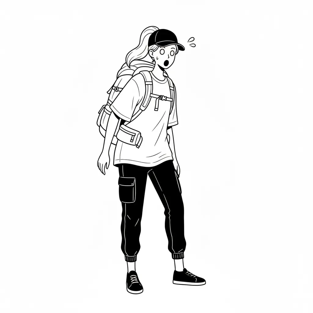배낭을 메고 있는 소녀의 흑백 그림