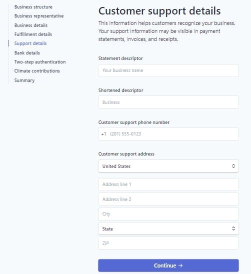 The page in Stripe account that requires the shipping details