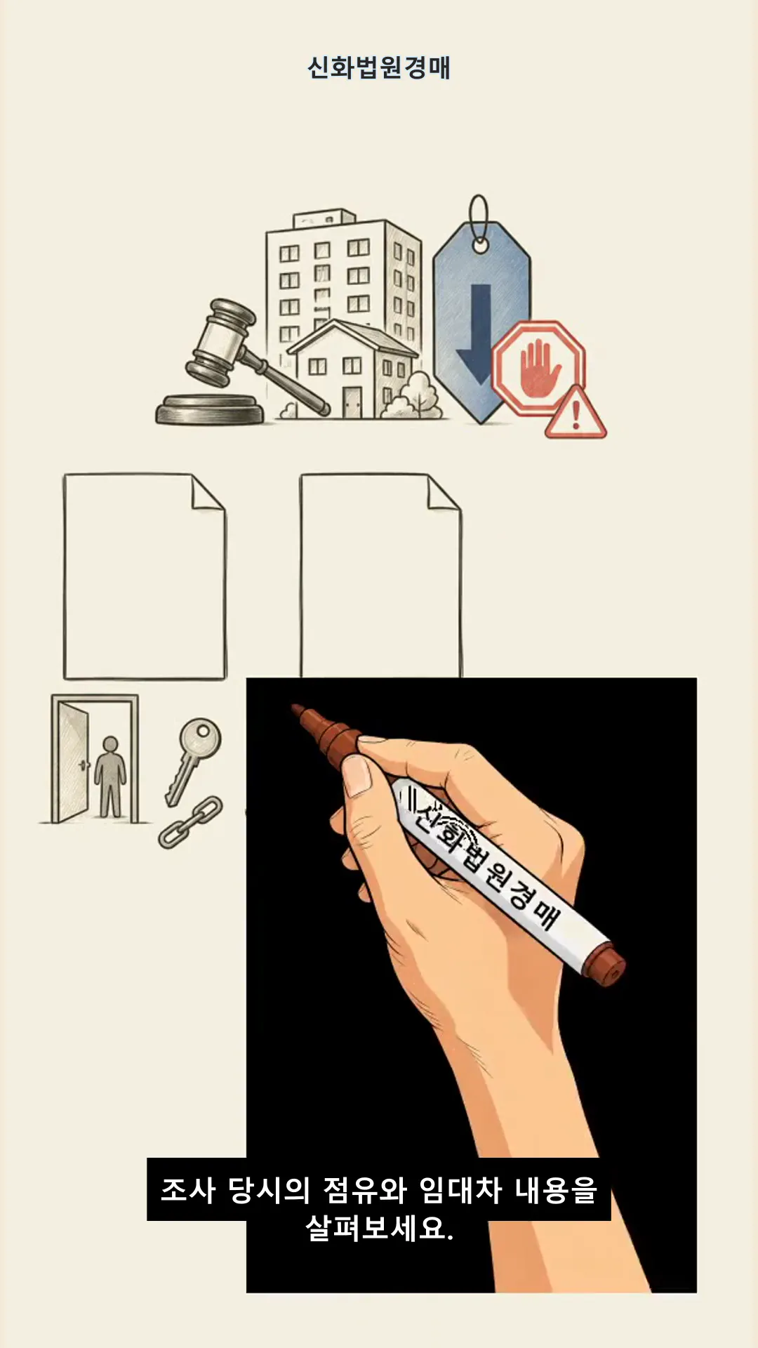 펜을 들고 있는 손과 건물 사진이 있는 포스터