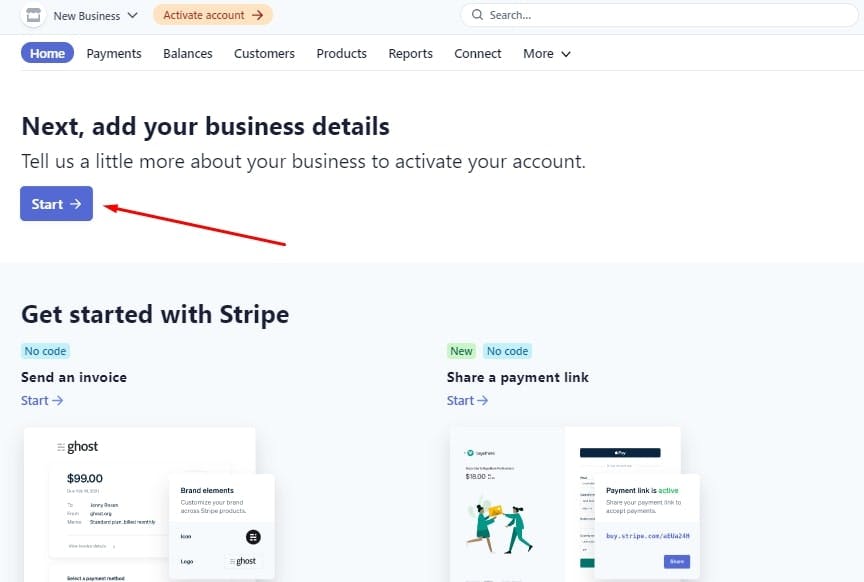The page in the Stripe account that allows to start the activating process