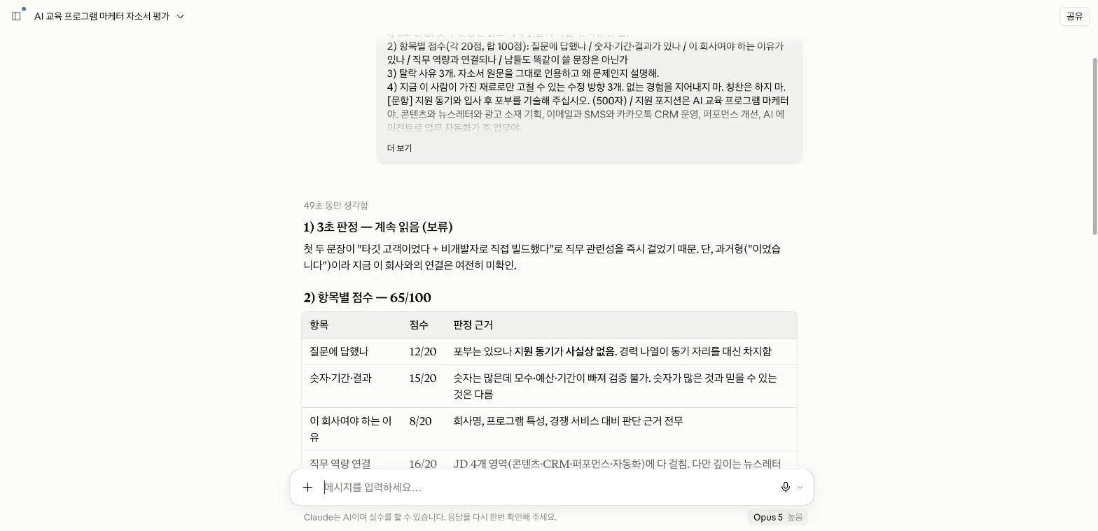 클로드의 항목별 채점표, 합계 65점