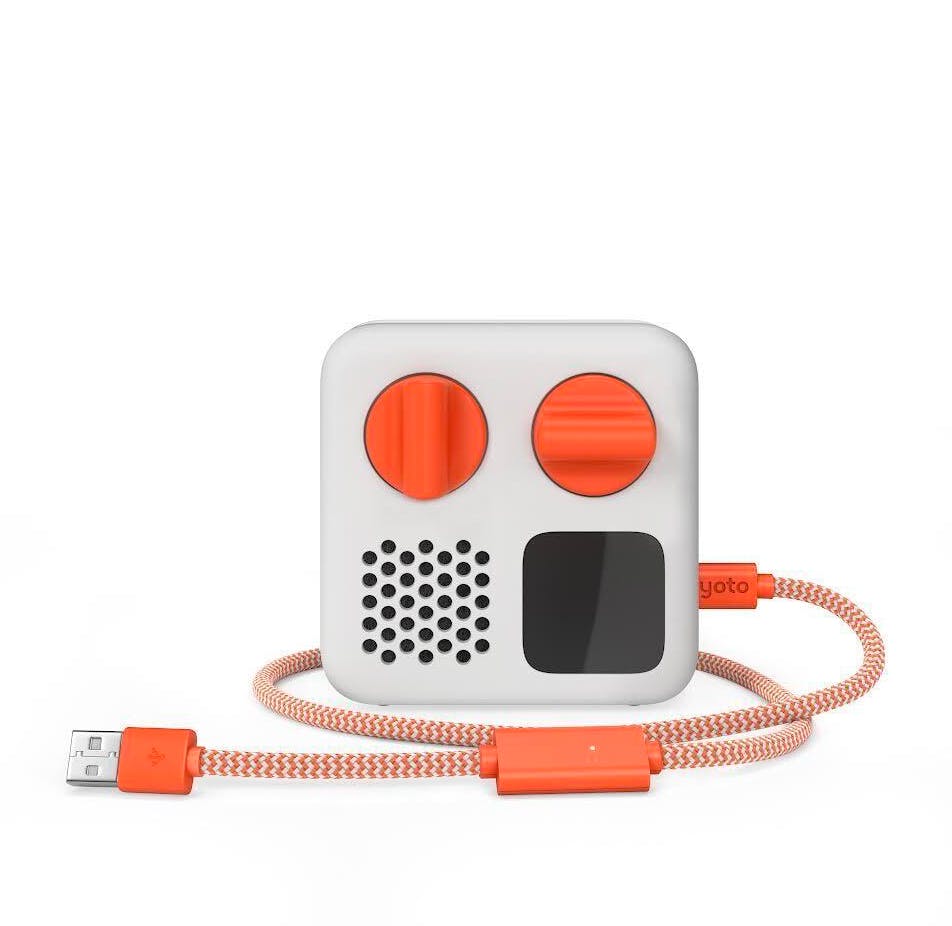 Render of the Yoto Mini Smart Cable, an orange and white cable with an orange block in it.