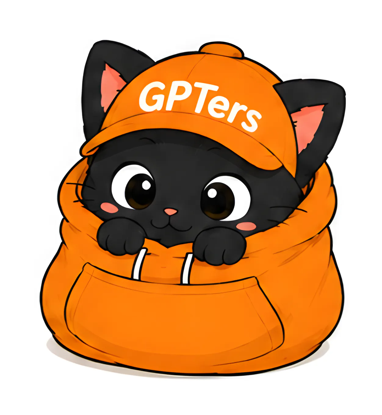 주황색 후드티를 입고 gpters라는 단어가 적힌 검은 고양이