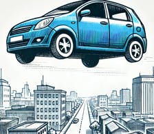 도시 위를 날아다니는 파란 자동차 그림
