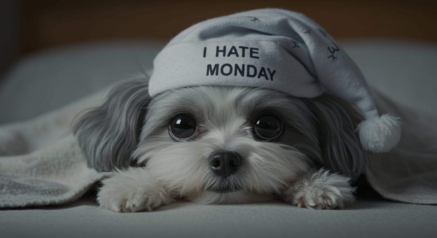 월요일이 싫어하는 모자를 쓰고있는 개