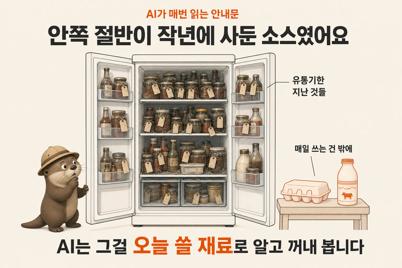 만화 수달이 냉장고 앞에 서 있다