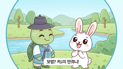 만화 캐릭터와 강 옆에 서있는 토끼