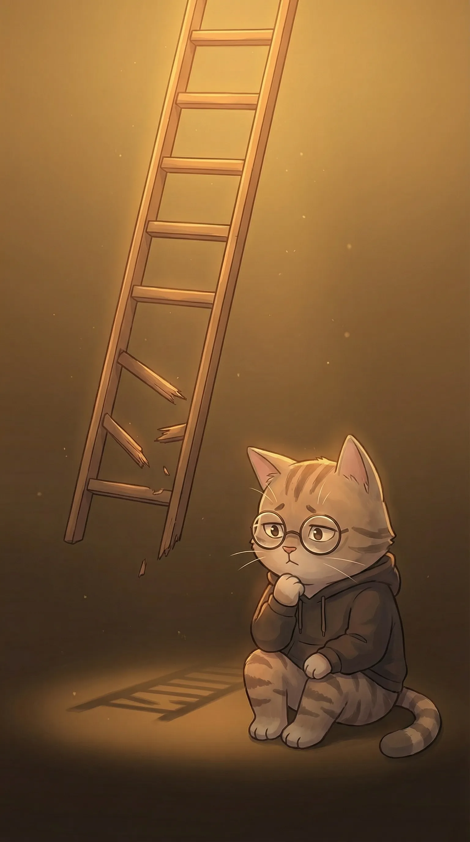 고양이가 사다리 옆에 앉아 있다