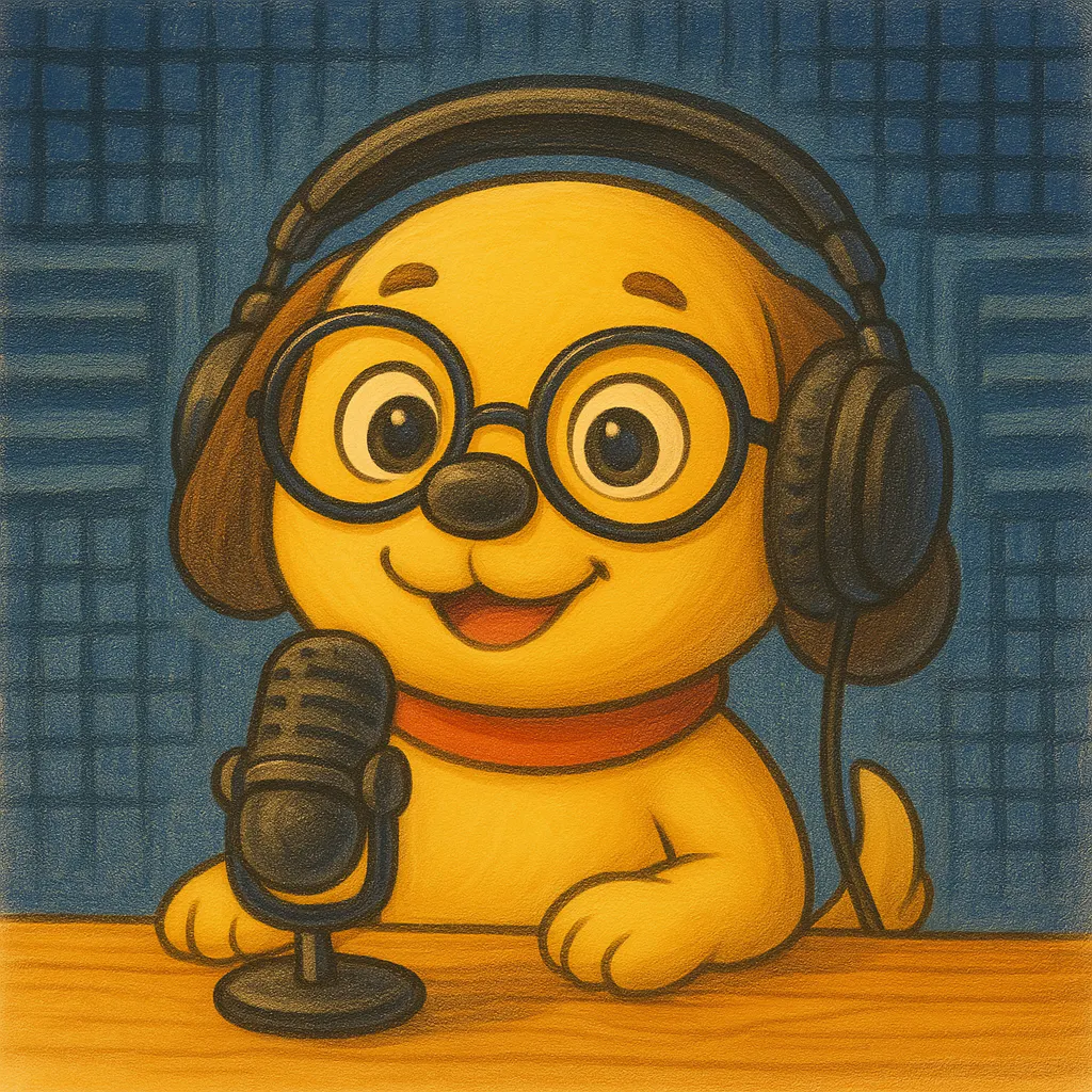 안경과 마이크를 곁들인 노란 개 그림