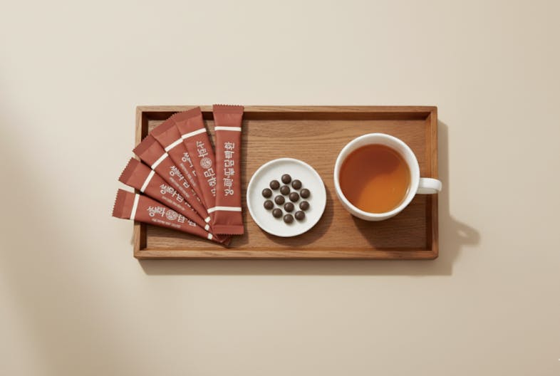 차 한 잔과 티백 한 봉지가 담긴 쟁반