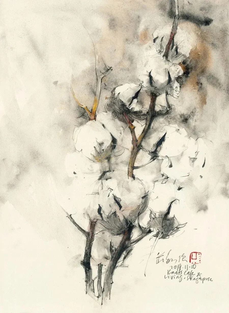 Dried Cotton (2019) by Ch'ng Kiah Kiean. Graphite and watercolour.
