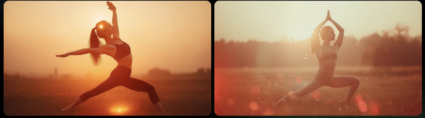 필드에서 요가를하는 여자의 두 장