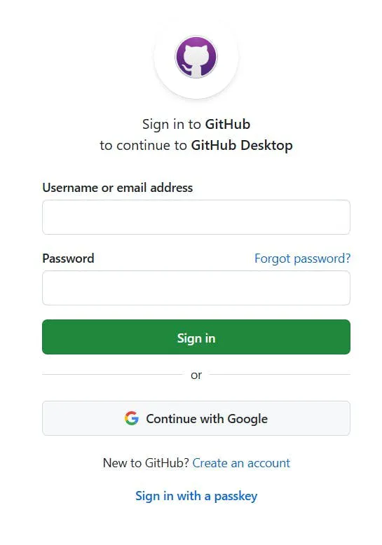 GitHub 데스크탑 계정의 로그인 화면
