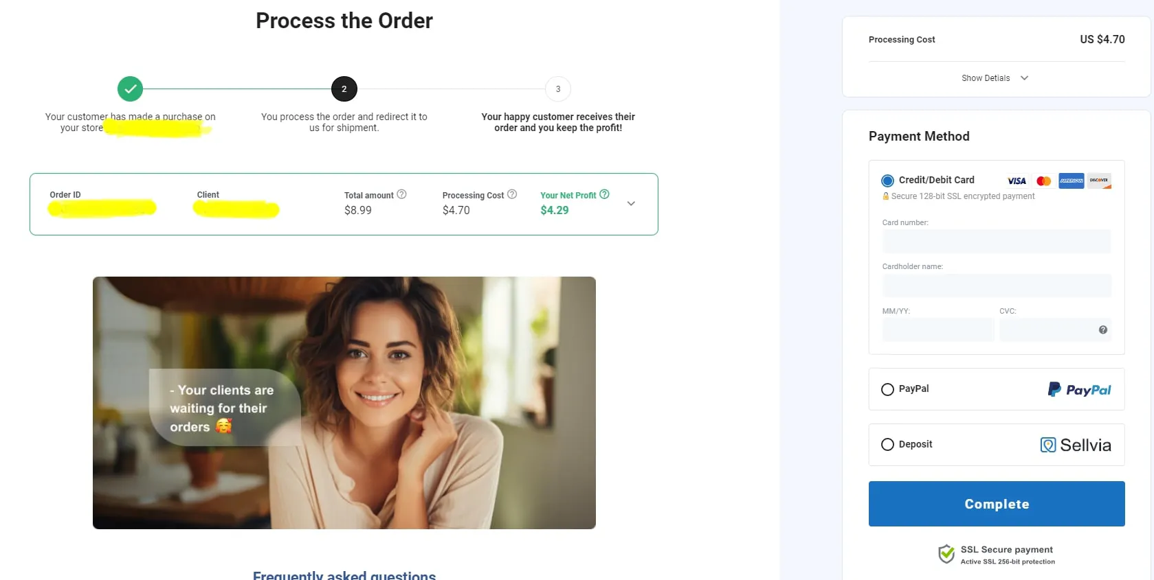 picture showing the last step to process orders in the Sellvia account