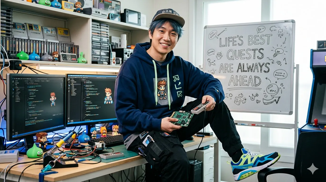 게임 컨트롤러를 들고 책상에 앉아 있는 젊은 남자