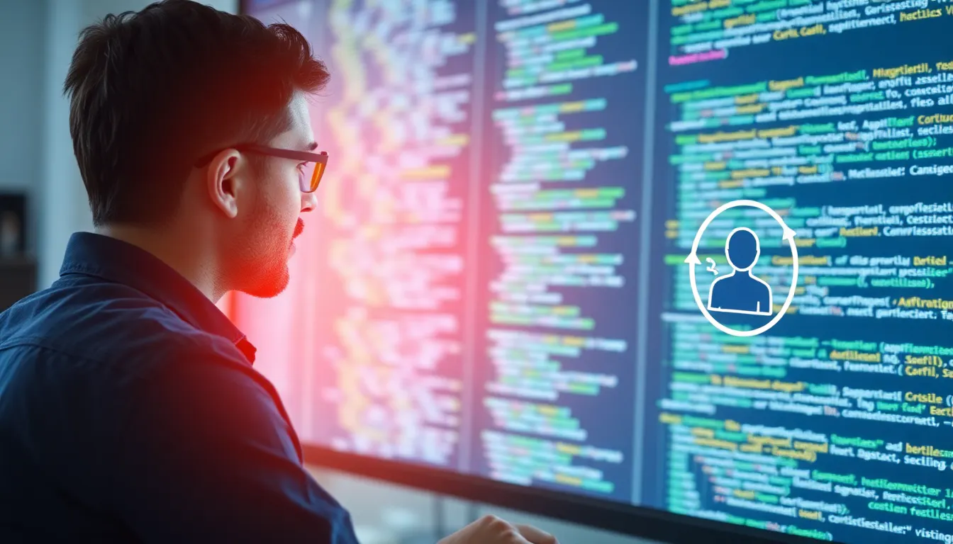 한 남자가 코드가 적힌 컴퓨터 화면을 보고 있다