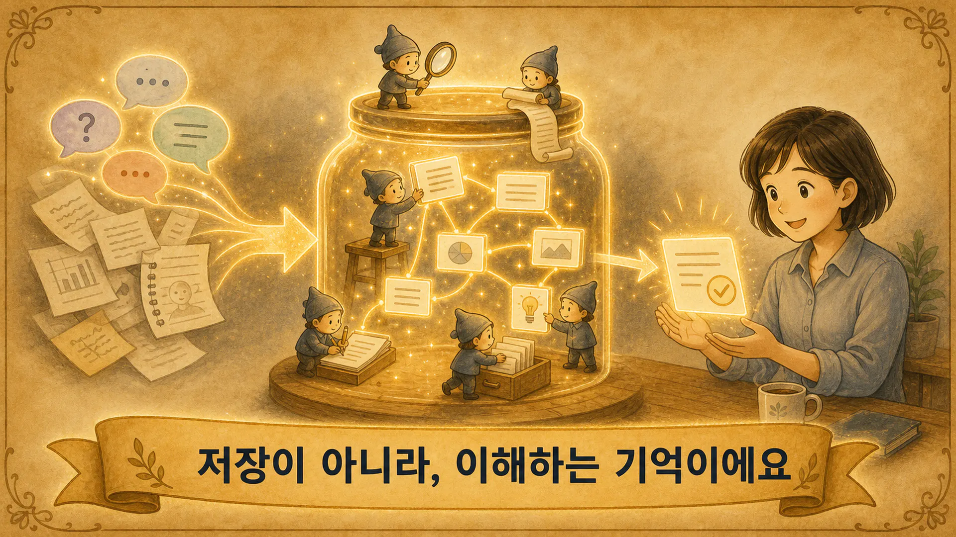 서류가 가득한 항아리를 들고 있는 여자의 그림