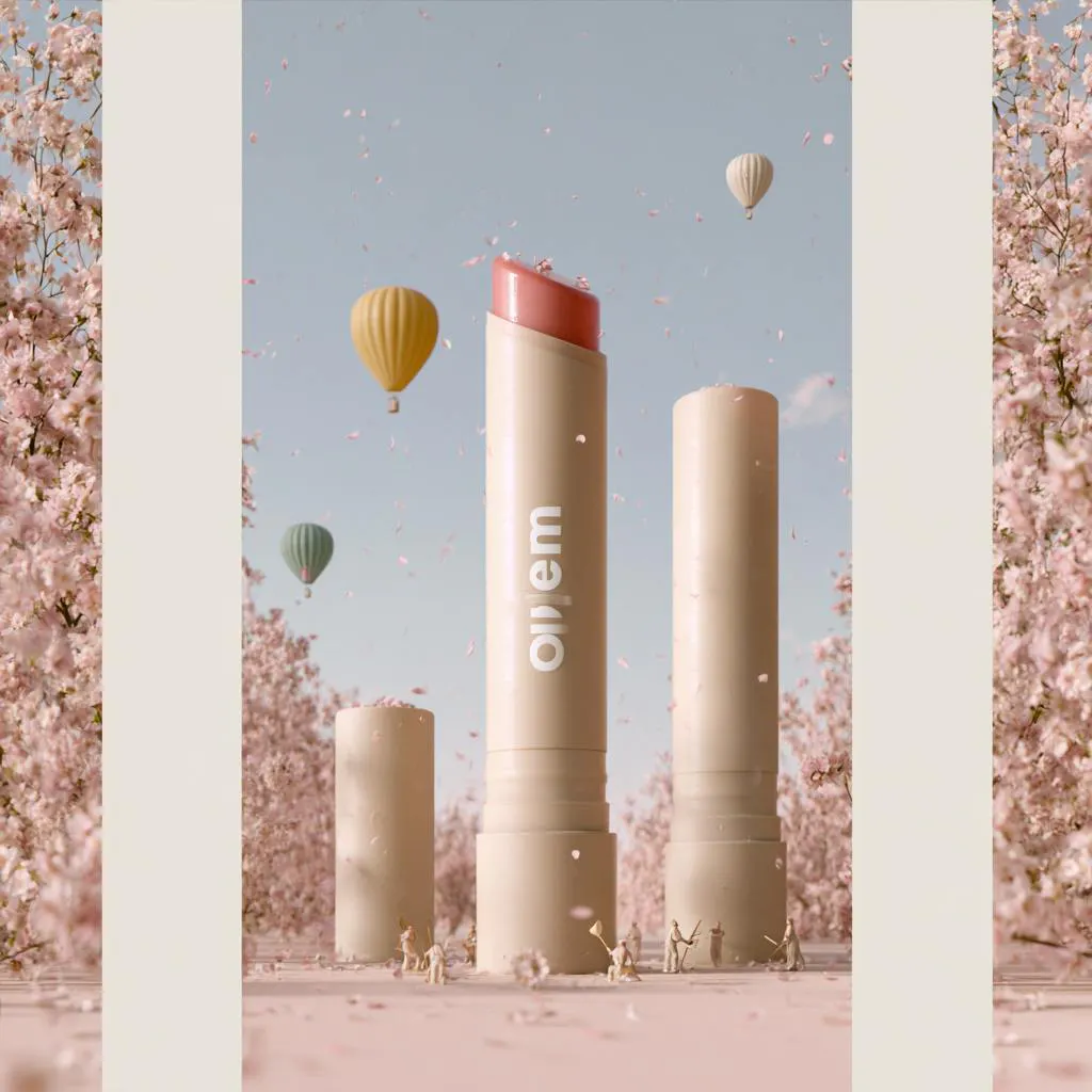 배경에 벚꽃이 있 는 핑크 립스틱