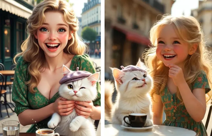 고양이와 커피 한잔을 들고 있는 소녀의 사진 두 장