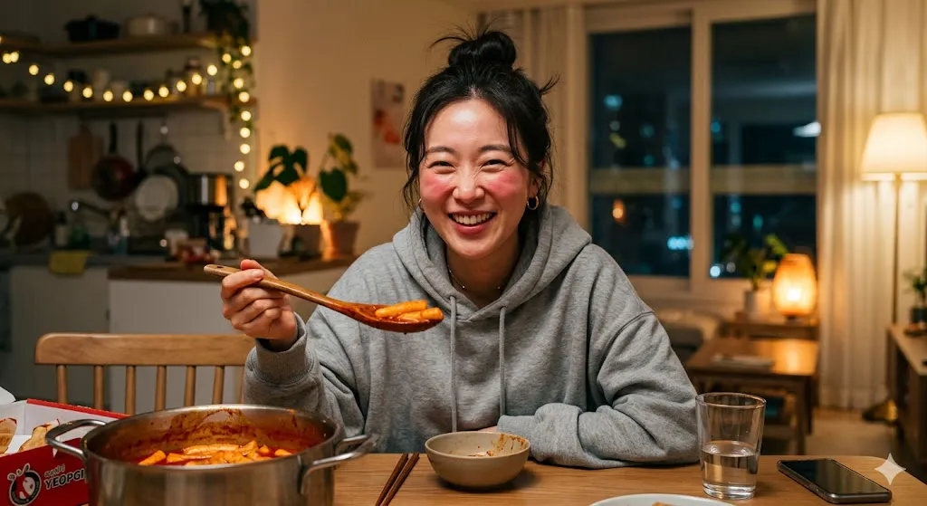 한국 음식 한 그릇을 먹는 젊은 아시아 여성