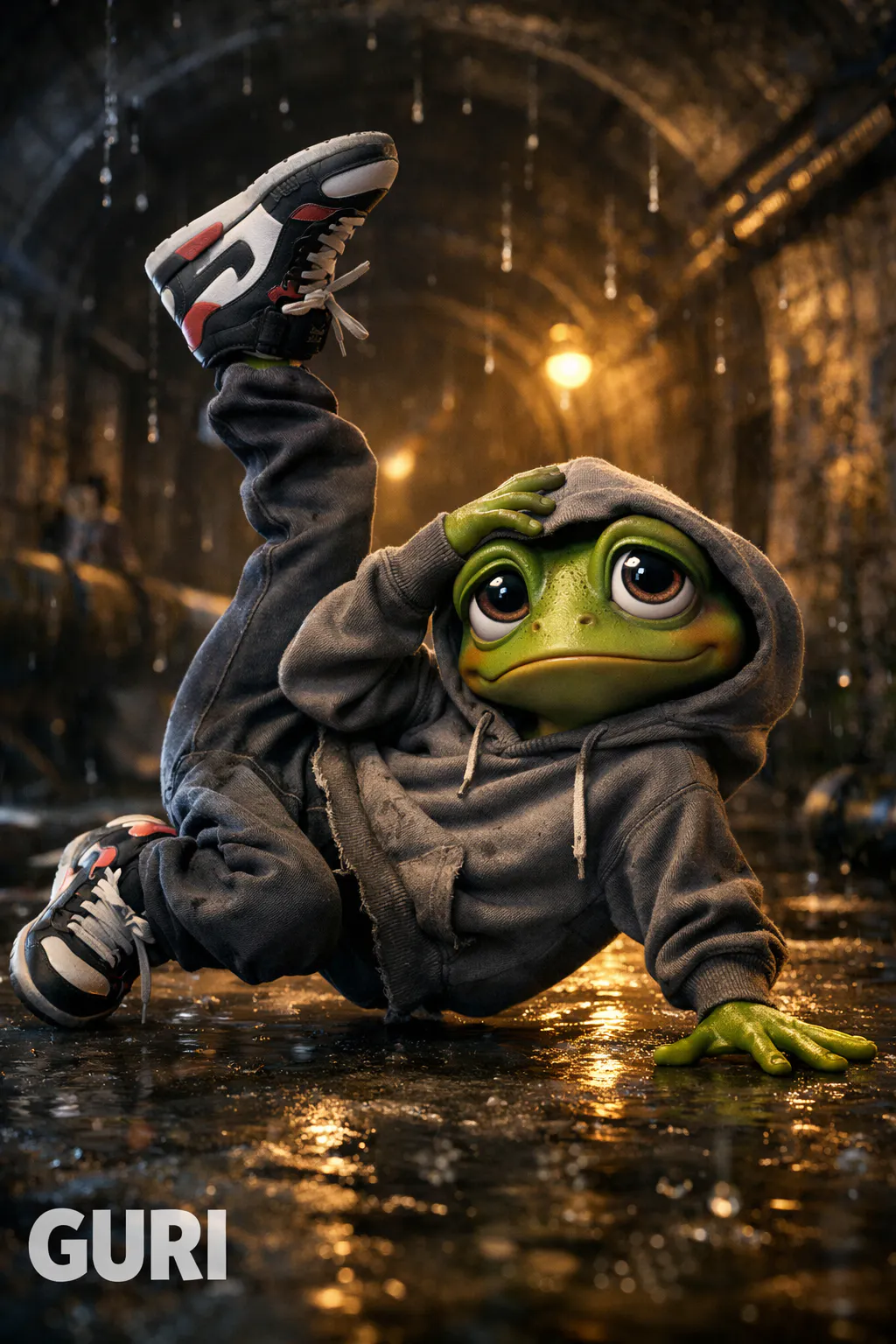비 속에서 춤을 추는 후드티를 입은 개구리