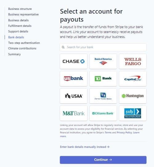 The page in Stripe account that requires the bank account information