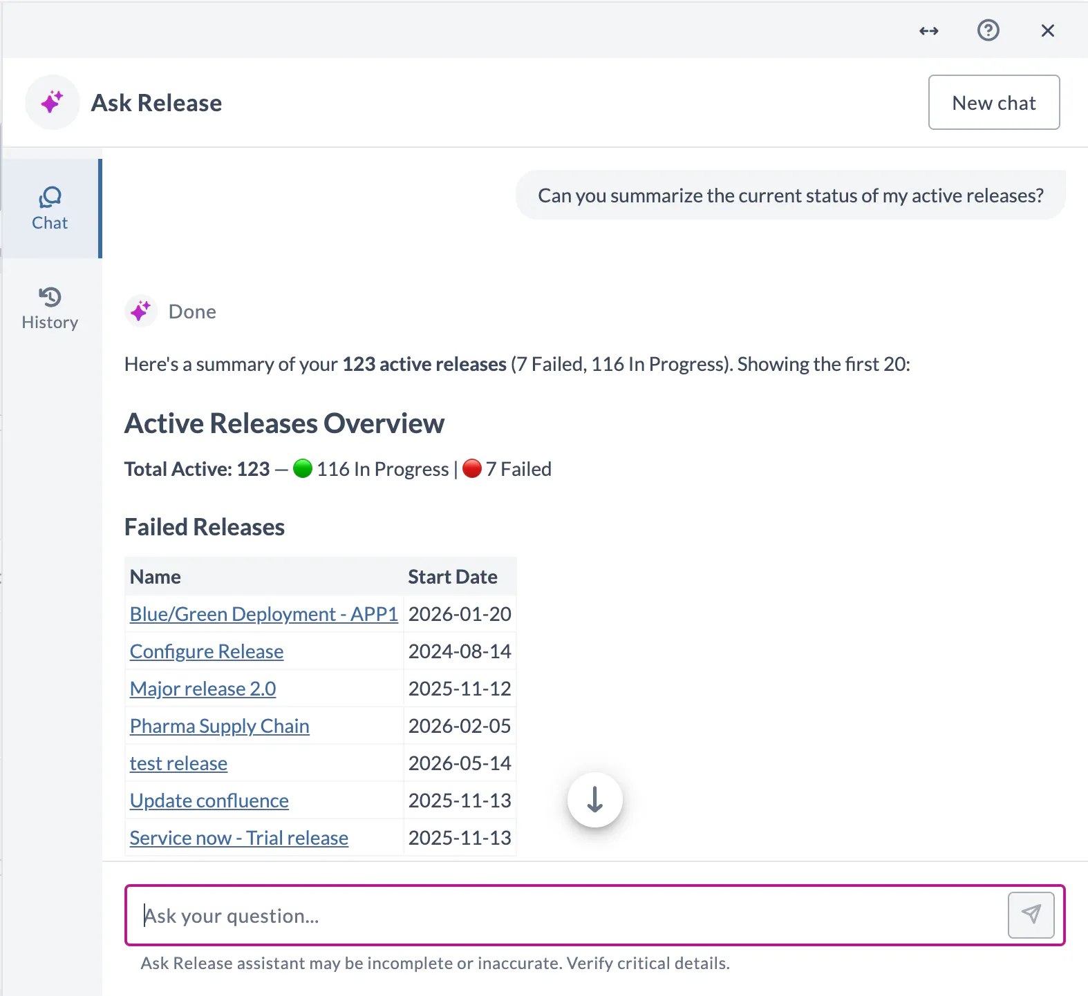 Ask Release in Digital.ai Release showing an AI-generated summary of active release status.