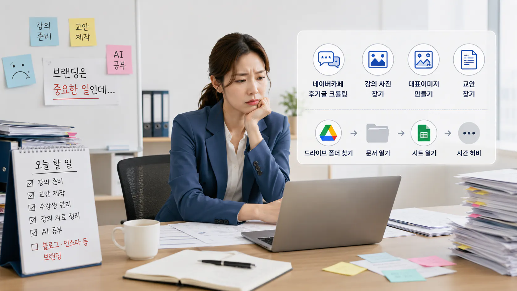 한 여자가 노트북을 앞에 두고 책상에 앉아 있다