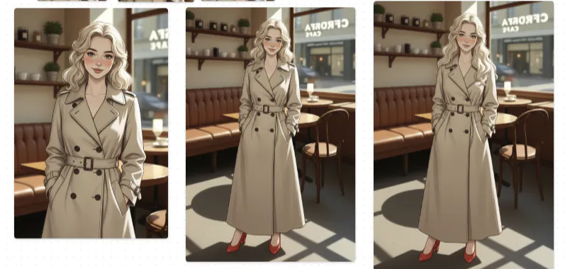 트렌치코트를 입은 여성의 사진 세 장