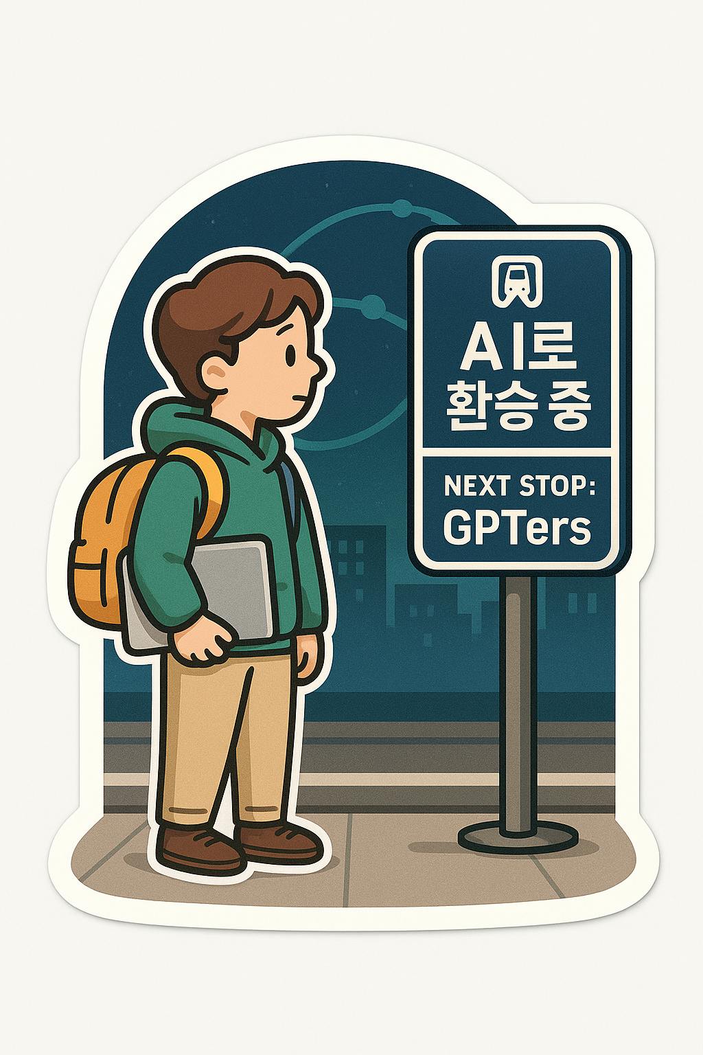 GPS라고 말하는 사인 옆에 서있는 소년이있는 스티커