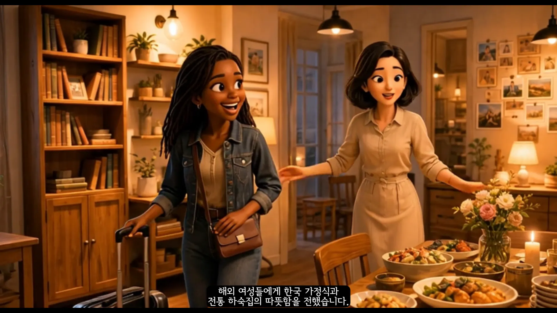 한 소녀가 테이블 앞에 음식을 앞에 두고 서 있습니다.