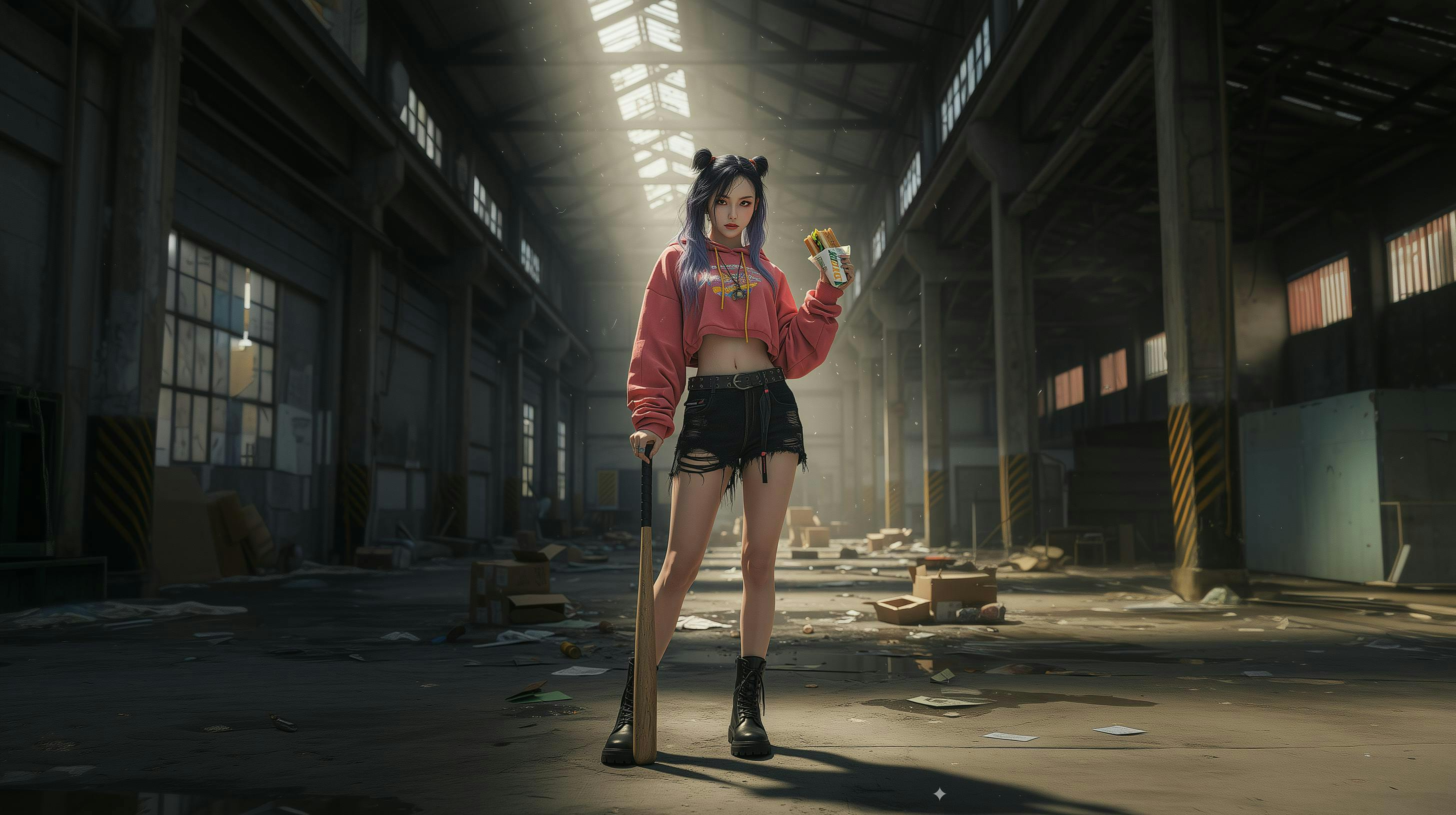 소녀는 버려진 창고에 서 있습니다