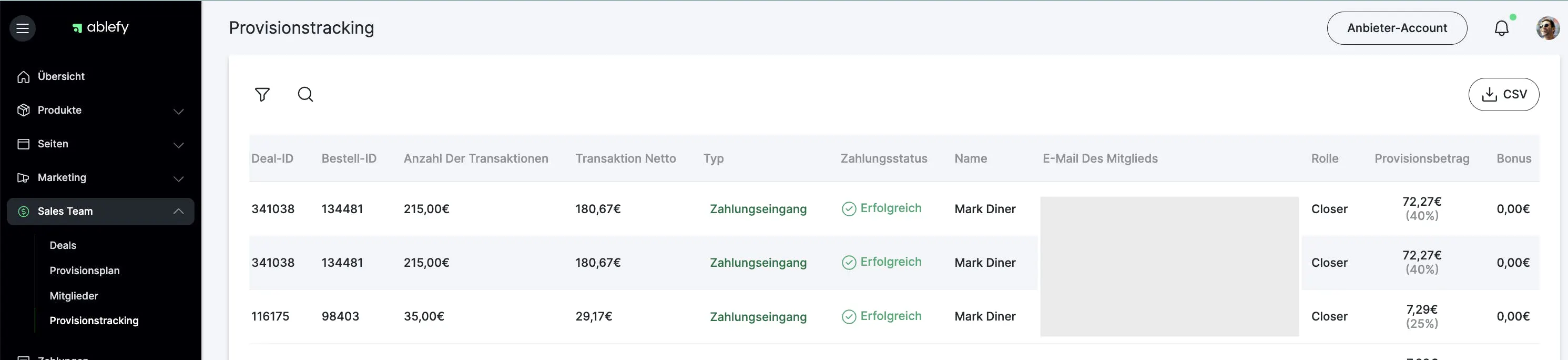 Darstellung der Provisionen