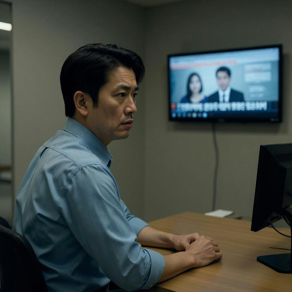 TV를보고 책상에 앉아있는 남자