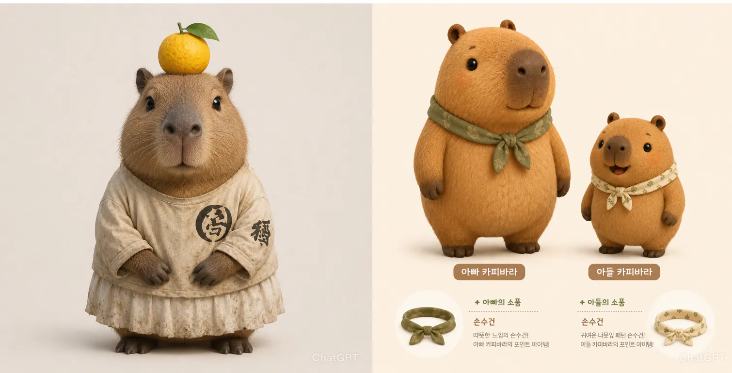 두 만화 곰 옷을 입고 오렌지를 들고