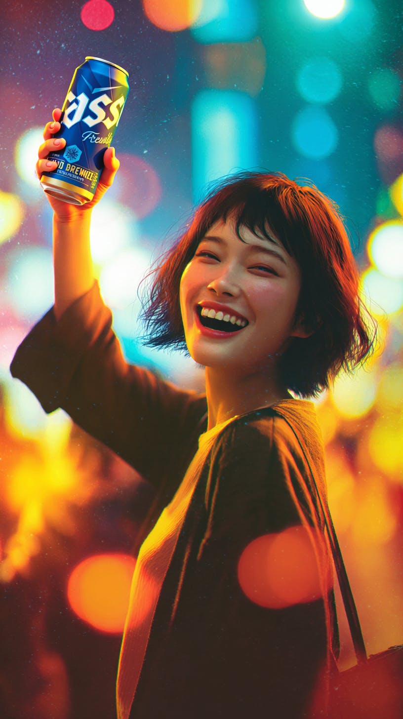 맥주를 들고있는 여자는 도시에서 캔