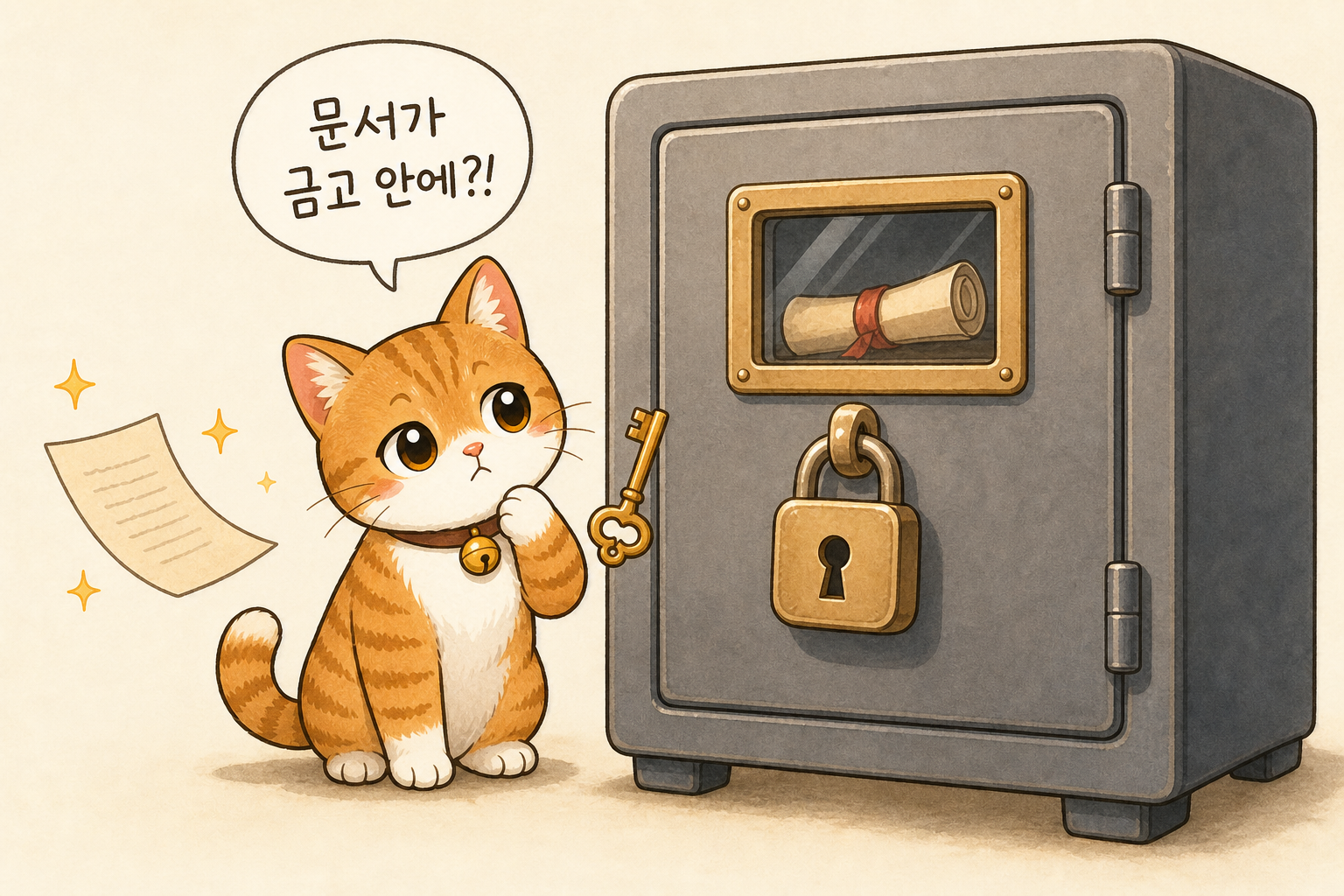 열쇠가 있는 금고 옆에 앉아 있는 고양이