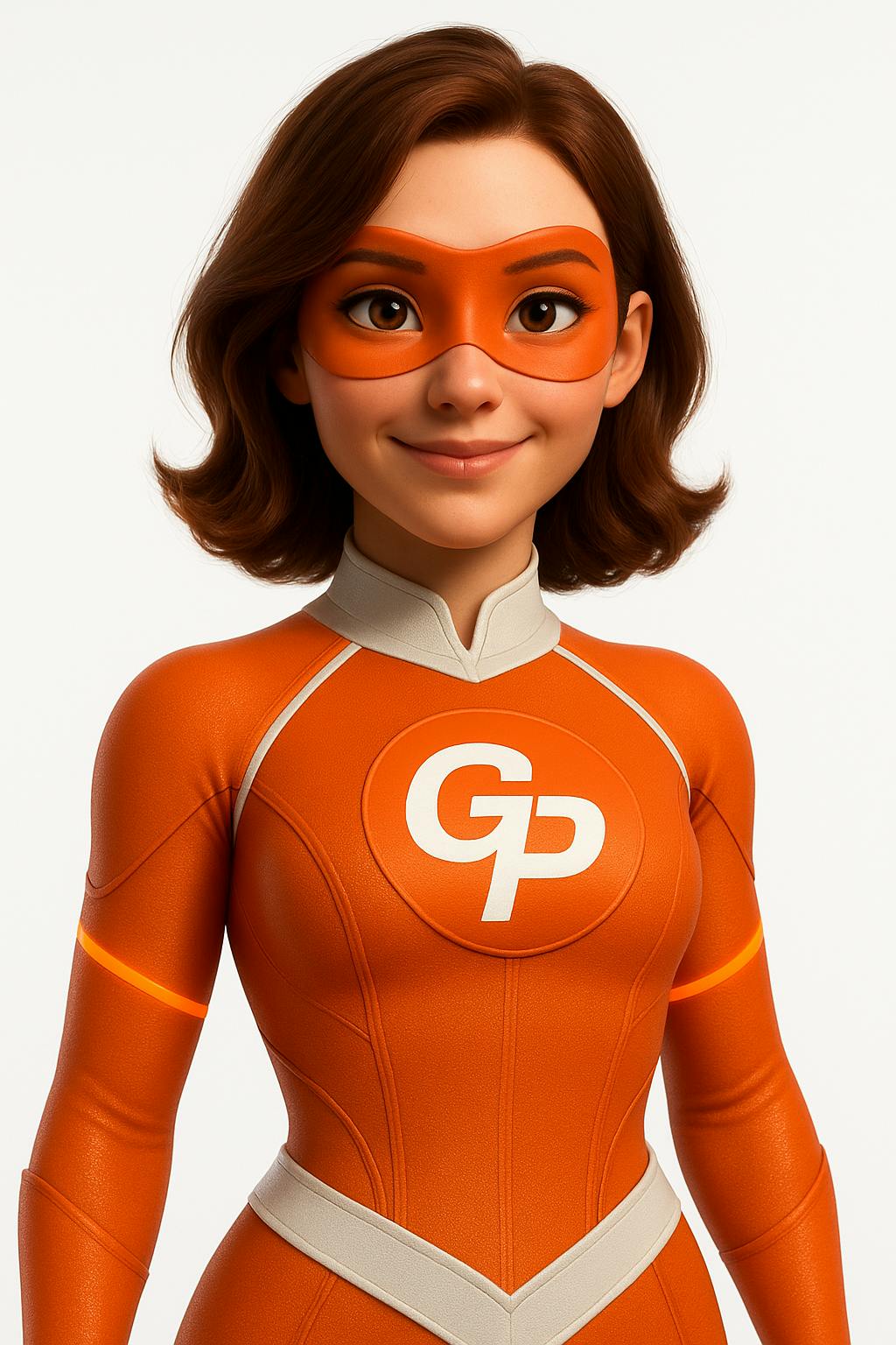 오렌지와 흰색 슈퍼 히어로 의상을 입은 소녀