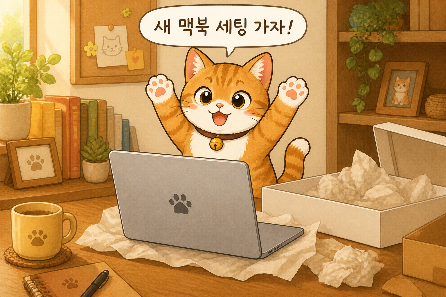 노트북을 들고 책상에 앉아 있는 만화 고양이
