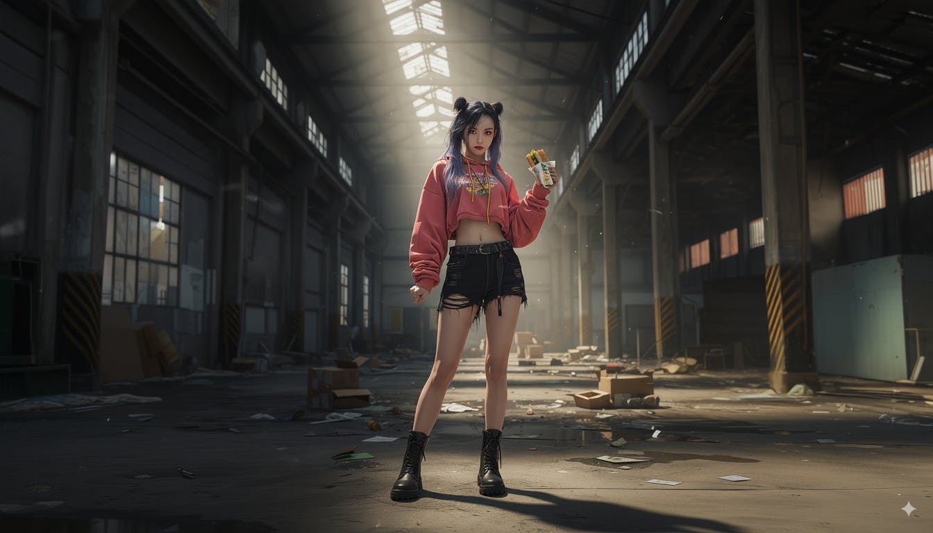 버려진 창고에 서있는 소녀