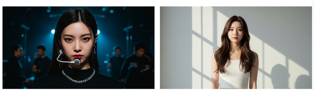 긴 머리와 전화를 가진 여자의 두 사진