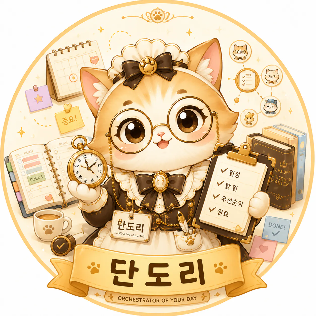 시계와 다른 물건을 들고 있는 만화 고양이