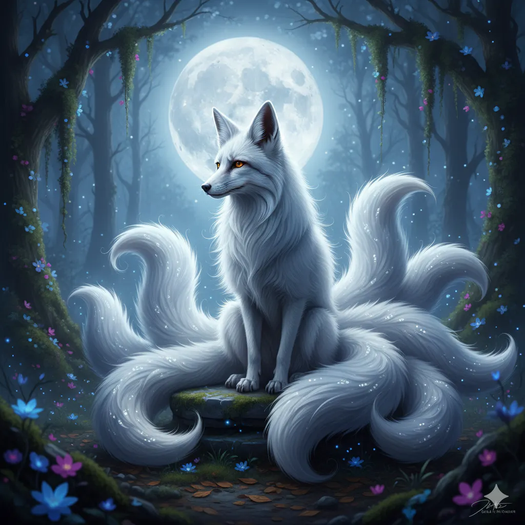 보름달 아래 숲에 앉아 있는 흰 여우
