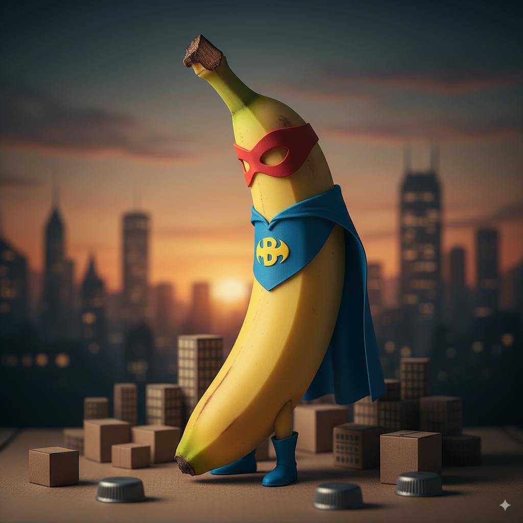 도시 앞에서 슈퍼 히어로로 옷을 입은 바나나