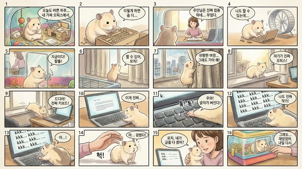 햄스터와 노트북을 사용하는 여성에 관한 만화