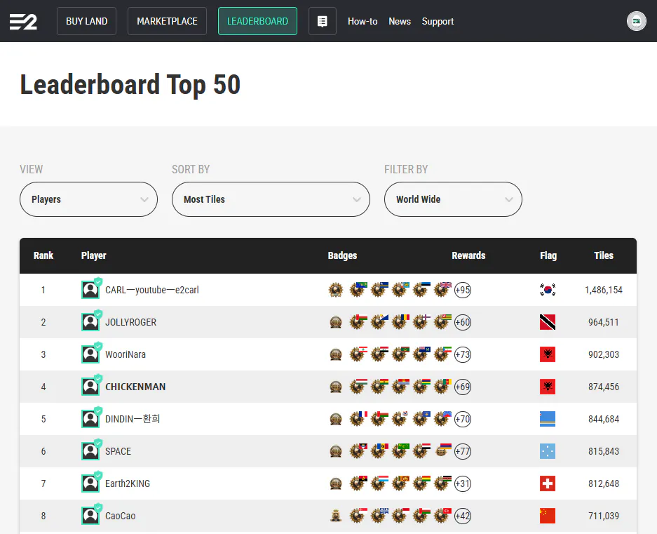 리더 보드 상위 50 장의 스크린 샷